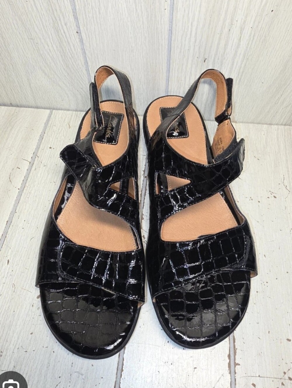Clarks Black Patent Croc-Embossed Slingback Sandals
